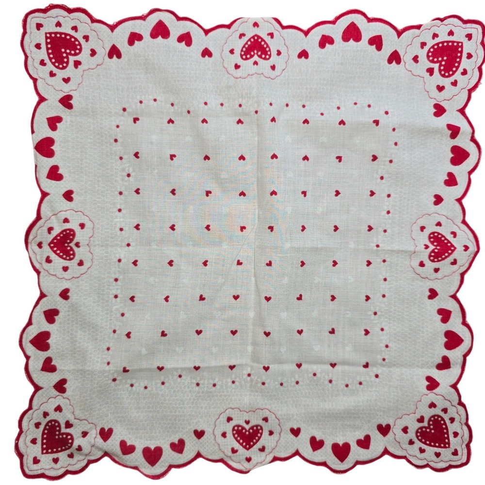 Bandana Hankie Tie 13"x13" White Red Hearts Valentine Sweetheart Vintage